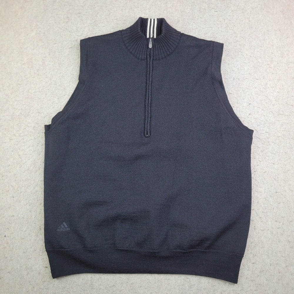 Adidas 1/4 Zip Golf Pullover Mens L Black 3 Stripe‎ Sleeveless